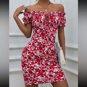 Pink, red, and white floral body con off the shoulder dress
